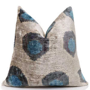 Handwoven Organic Silk Velvet Throw Pillow 20x20 – Neutral Taupe with Teal Ikat Motif