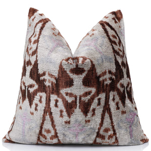 The Rust & Icy Lilac Vertical Ikat Silk Velvet Pillow - 20" x 20"