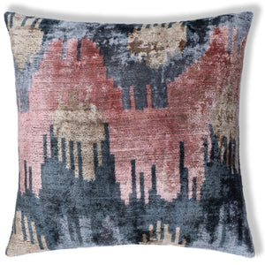 The Designer's Choice: Slate Blue & Dusty Rose Ikat Velvet Pillow 20x20 in
