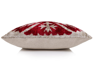 Luxury Handwoven Dark Red Silk Velvet Ikat Pillow 20x20 Inch
