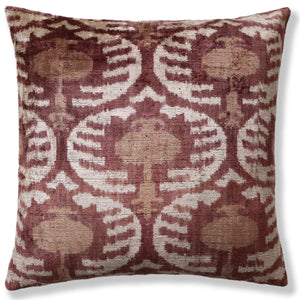Luxury Handwoven Silk Velvet Throw Pillow 20x20 Inch Burgundy Ikat Pattern