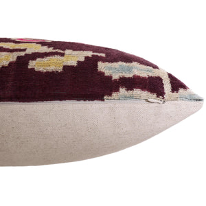 Luxury Handwoven Silk Velvet Ikat Pillow 20x20 Inch – Burgundy & Soft Pastel