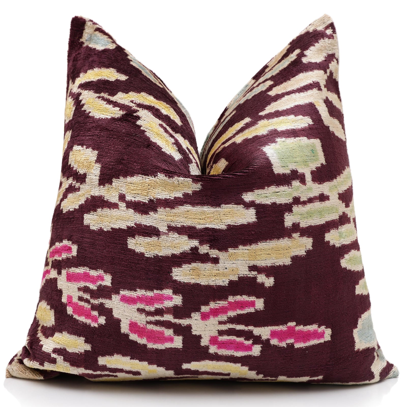 Luxury Handwoven Silk Velvet Ikat Pillow 20x20 Inch – Burgundy & Soft Pastel