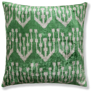 Handwoven Green Ikat Silk Velvet Pillow 20x20 Inch | Luxury Organic Decorative Throw Pillow