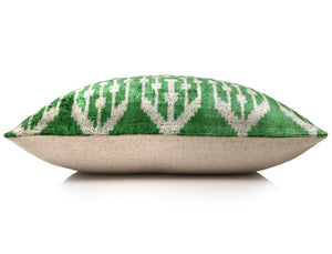 Handwoven Green Ikat Silk Velvet Pillow 20x20 Inch | Luxury Organic Decorative Throw Pillow