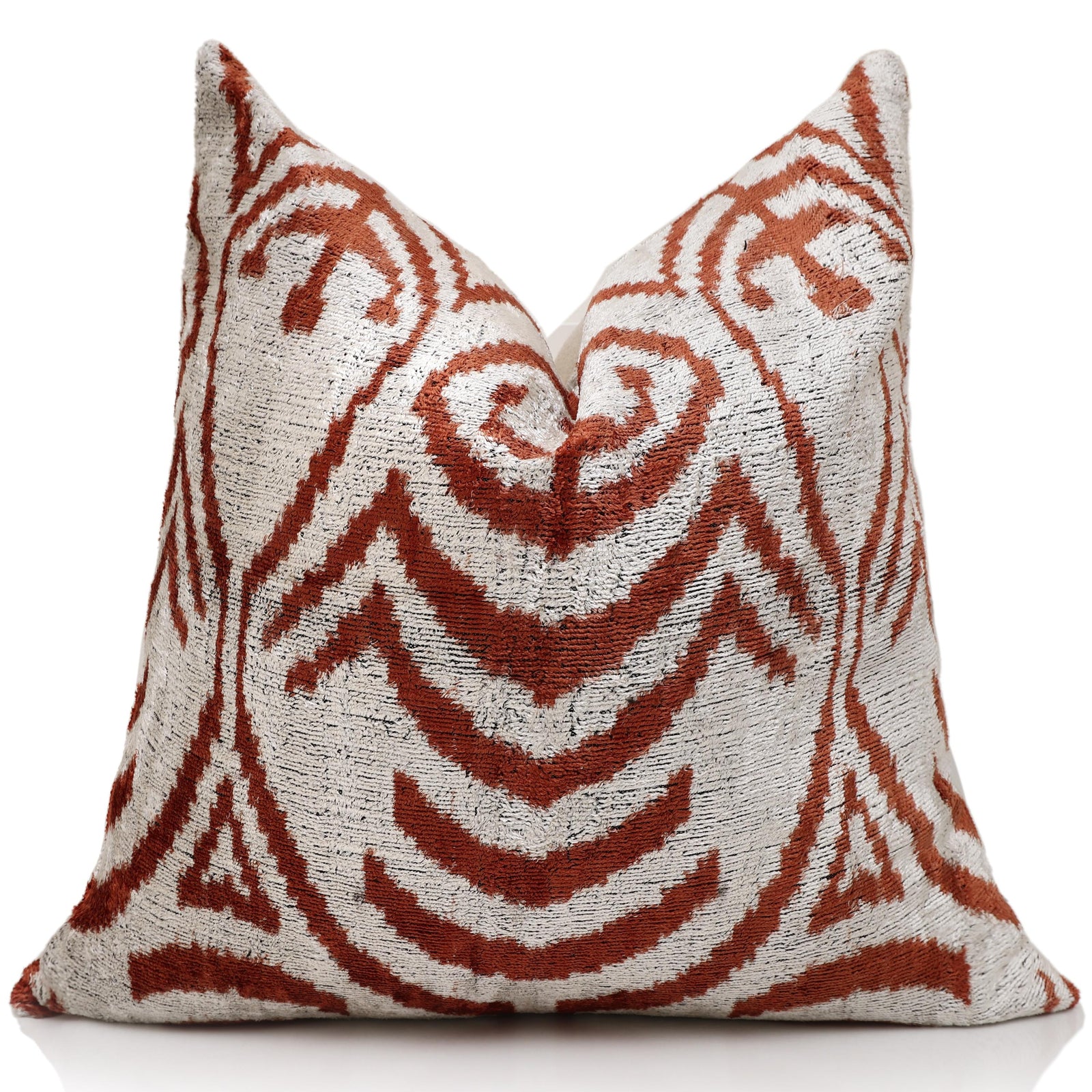 Luxury Handwoven Silk Velvet Ikat Pillow 20x20 Inch – Rust & Ivory