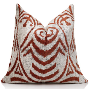 Luxury Handwoven Silk Velvet Ikat Pillow 20x20 Inch – Rust & Ivory