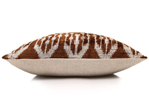 Luxury Handwoven Ikat Silk Velvet Pillow 20x20 Inch – Earthy Brown & Ivory