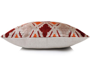 Handwoven Ikat Silk Velvet Throw Pillow 20x20 – Terracotta Rust & Ivory