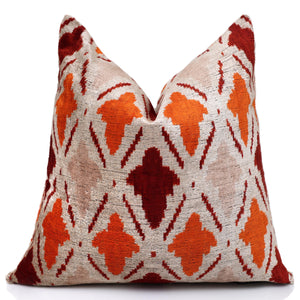 Handwoven Ikat Silk Velvet Throw Pillow 20x20 – Terracotta Rust & Ivory
