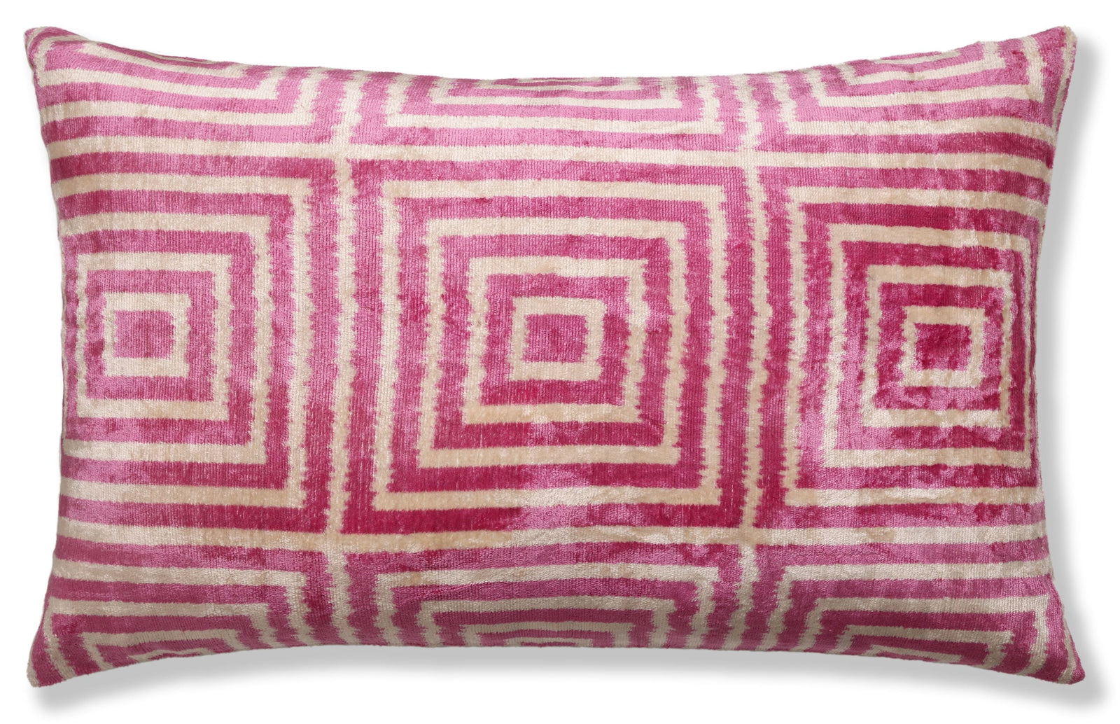 Luxury Blush Pink and Cream Silk Velvet Geometric Ikat Lumbar Pillow 16x24 Inch with Down Insert