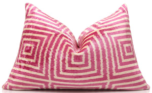 Luxury Blush Pink and Cream Silk Velvet Geometric Ikat Lumbar Pillow 16x24 Inch with Down Insert