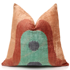 Hand-Knotted Abstract Arch Silk Velvet Pillow - 20x20 Rust & Mint