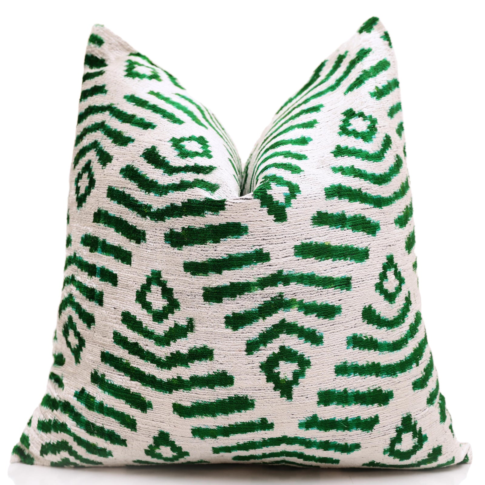 Hand-Knotted Emerald Green Geometric Silk Velvet Pillow - 20x20 Ikat
