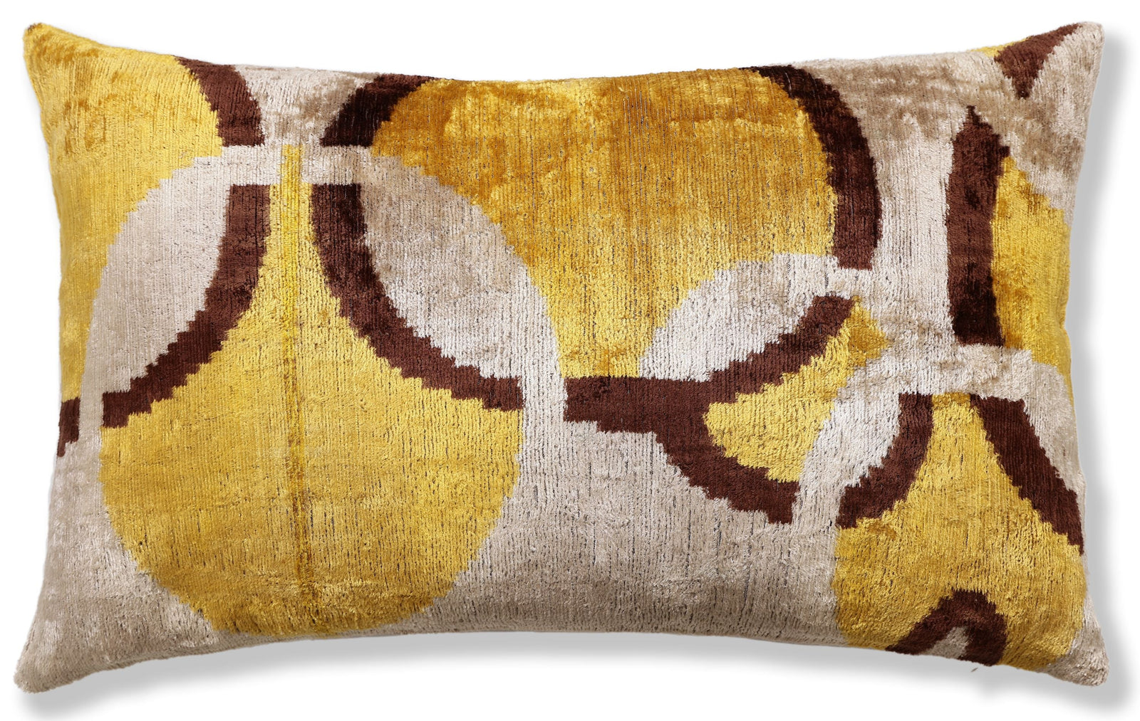 Luxury Mustard, Cream and Chocolate Silk Velvet Ikat Lumbar Pillow 16x24 Inch with Down Insert
