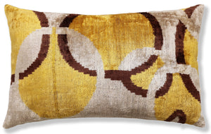 Luxury Mustard, Cream and Chocolate Silk Velvet Ikat Lumbar Pillow 16x24 Inch with Down Insert