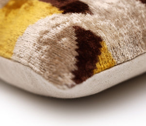 Luxury Mustard, Cream and Chocolate Silk Velvet Ikat Lumbar Pillow 16x24 Inch with Down Insert
