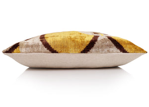 Luxury Mustard, Cream and Chocolate Silk Velvet Ikat Lumbar Pillow 16x24 Inch with Down Insert