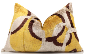 Luxury Mustard, Cream and Chocolate Silk Velvet Ikat Lumbar Pillow 16x24 Inch with Down Insert