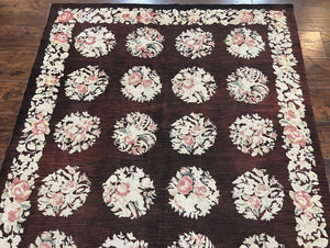 Floral Needlepoint Rug 5x7, Repeated Floral Motifs, Eggplant Color, Handmade Wool Vintage Needlepoint Area Rug 5 x 7 ft, Flatweave Rug