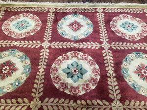 Nepalese Aubusson Panel Rug 6x9, Red & Ivory Soft Plush Tibetan Pile Rug, Wool Hand-Knotted Carpet, 6 x 9 Elegant Area Rug, Office Room Rug