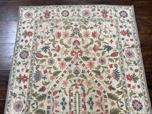 Hand Stitched Indian Rug 4x5, Floral, Vintage Hand Embroidered Rug