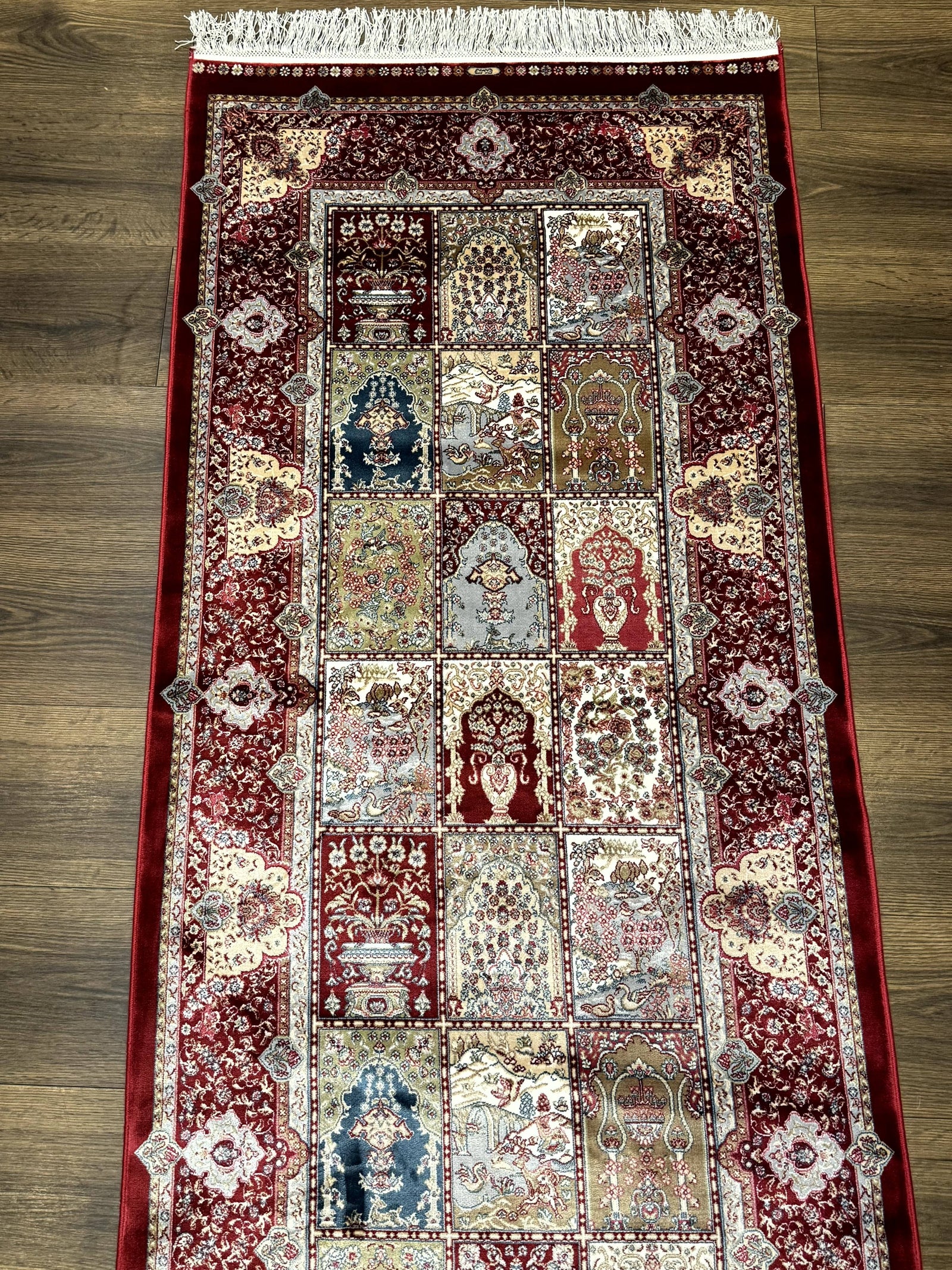 Turkish Silk Runner Rug 2.6 x 11.6, Panel Design, Dark Red Ivory, Bamboo Silk, New