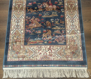Turkish Silk Hunting Scene Rug 2.6 x 5, Dark Steel Blue & Ivory, Bamboo Silk, New