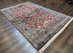Indian Kashmiri Silk Rug 6x9, Red and Navy Blue, Floral Medallion, Fine 275 KPSI