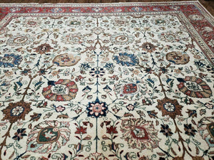 Antique Persian Tabriz Rug 9x12, Hand Knotted Oriental Carpet 9 x 12 ft, Vintage Wool Room Sized Rug, Cream and Red, Floral Allover Handmade Rug