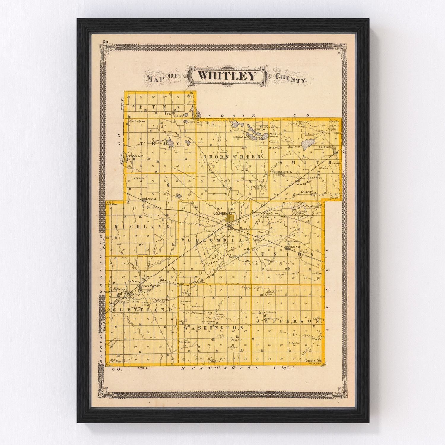 Vintage Map of Whitley County, Indiana 1876