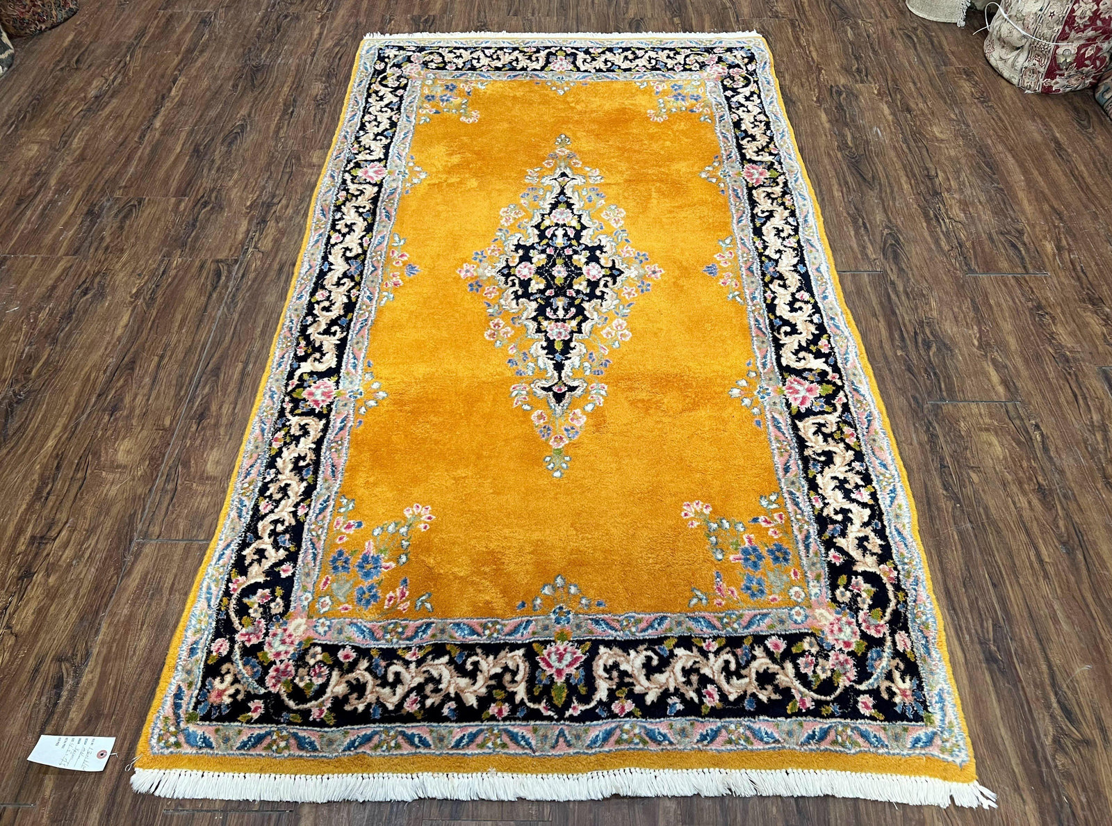 Vintage Persian Kirman Rug 4x7, Unique Colors, Mustard and Black Rug, Open Field with Central Medallion, Wool Oriental Rug, Persian Carpet Handmade