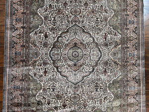 Very Fine Sino Persian Silk Rug 4x6, Floral Medallion, Hand Knotted, Silk Pile on Silk Foundation, Ivory, Vintage Handmade Oriental Carpet