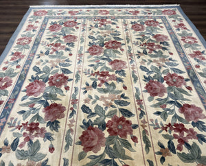 Chinese Wool Rug 8x11, Vintage 1960s Carpet, Cream and Teal, Floral Garden Panel, 8 x 11 ft Area Rug, Soft Handmade Room Sized 120 Line Rug