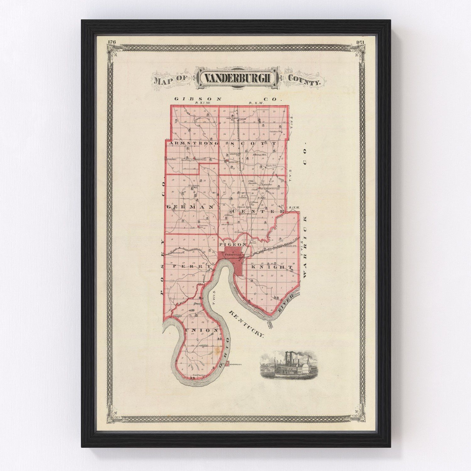 Vintage Map of Vanderburgh County, Indiana 1876