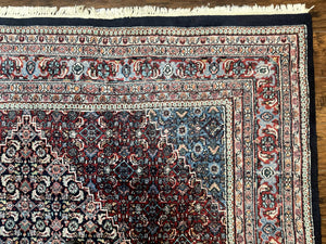 Indo Persian Bidjar Rug 8x11, Herati Mahi Pattern, Red Navy Blue, Handmade Vintage Wool Carpet