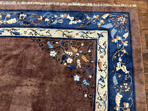 Antique Chinese Wool Rug 9x11, Large Chinese Art Deco Rug, Peking Rug, Brown and Blue, Open Field, Fete Rug