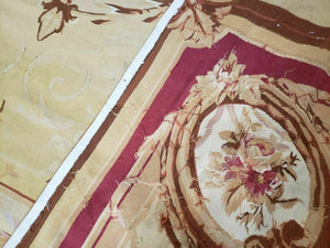 Aubusson Rug 10x13, Savonneire Carpet 10 x 13 ft, Handmade Vintage Flatweave Room Sized Wool Floral Aubusson, Cream/Tan Ivory Reds Pinks