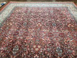 Oversized Pak Persian Rug 11x15, Large Wool Palace Carpet, Red and Ivory, Millefleur Allover Floral Pattern, Vintage Handmade Oriental Rug
