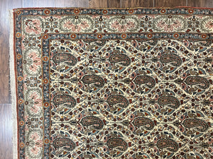 Persian Qum Rug 5x6, Cream Wool Hand Knotted Carpet, Repeated Boteh Paisely Design, Semi Antique Vintage Rug, Very Fine Weave 5 x 6 Rug