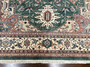 Indo Heriz Rug 9x12, Geometric Oriental Carpet, Room Sized Wool Handmade Hand Knotted Vintage Green and Cream Area Rug, Indian Rug 9 x 12