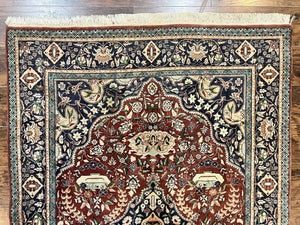 Pak Persian Rug 5x7, Wool Hand Knotted Vintage Carpet, Floral Medallion Rug, Brick Red & Navy Blue, Fine Weave, Medium Sized Rug