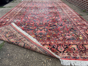 Large Antique Persian Sarouk Rug 11x18, Red, Floral Allover, Palace Size Wool Handmade Carpet