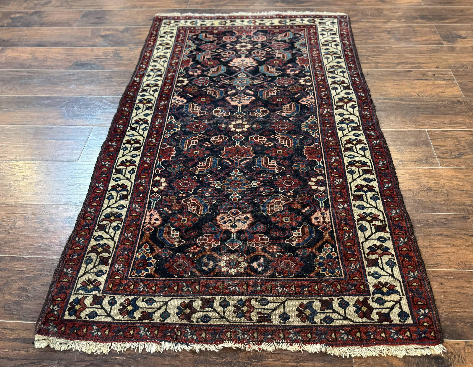 Navy Blue Antique Persian Rug 3x6, Blue and Ivory Persian Carpet, Handmade 1920s Hamadan Rug