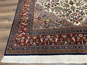 Beautiful Sino Persian Rug 7x10, Circle of Life Tree of Life Rug, Birds, Cream Red Navy Blue Taupe, Wool Silk Accents, Hand Knotted Vintage