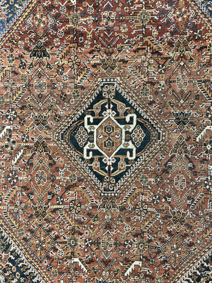 Antique Persian Shiraz Tribal Rug 6x8, Geometric Rug, Wool Handmade Hand Knotted Carpet, Red Blue