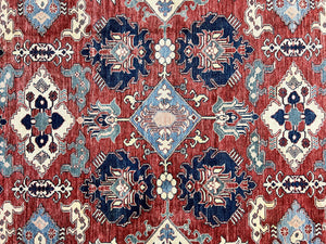 Turkish Heriz Rug 7x10, Wool Hand Knotted Handmade Room Sized Oriental Carpet, Red & Ivory, Vintage Geometric Oriental Rug 7 x 10 ft