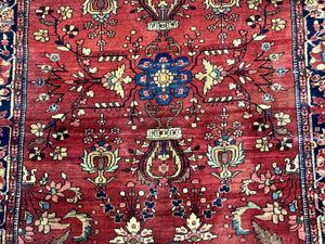Antique Persian Farahan Sarouk Rug 3.6 x 5, Red, Floral, Traditional Rug, Fine 210 KPSI