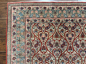 Unique Persian Qum Rug 5x7, Repeated Paisely Boteh Design, Ivory Red Blue, Handmade Antique Wool Persian Carpet, Finely Hand Knotted