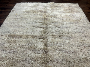 European Rya Shag Rug 6.6 x 9.7, Beige, Fluffy Vintage Area Rug
